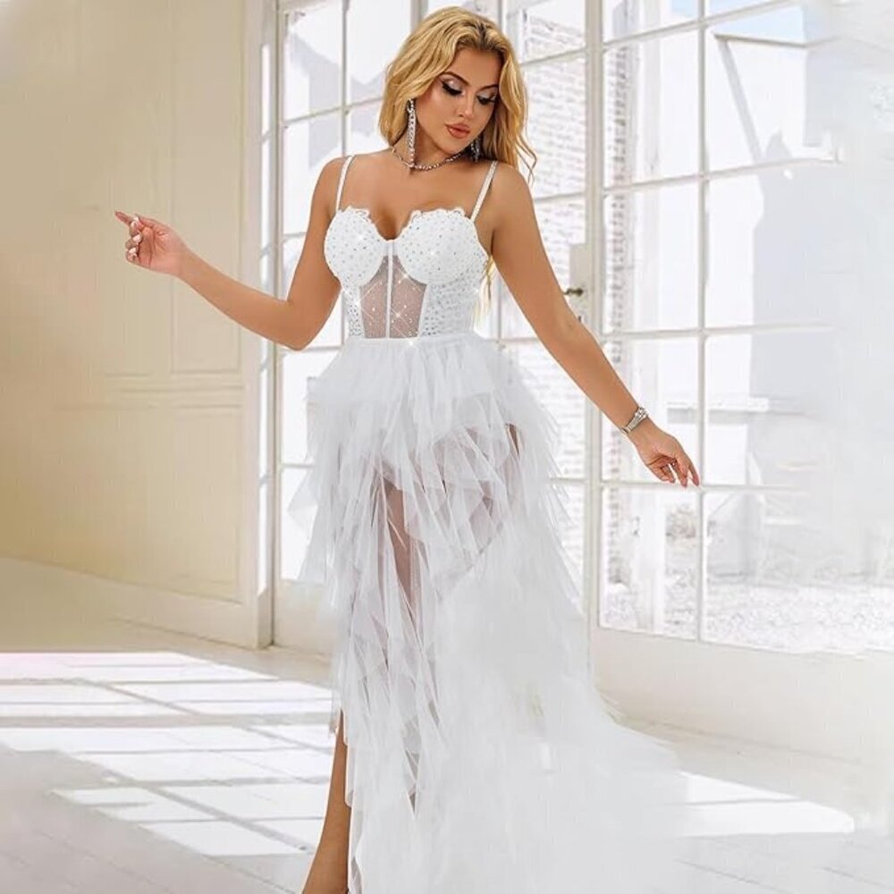 NWT! White Tulle Party Dress A Line High-Low Ruffled Fit w Corset Top Size L/12